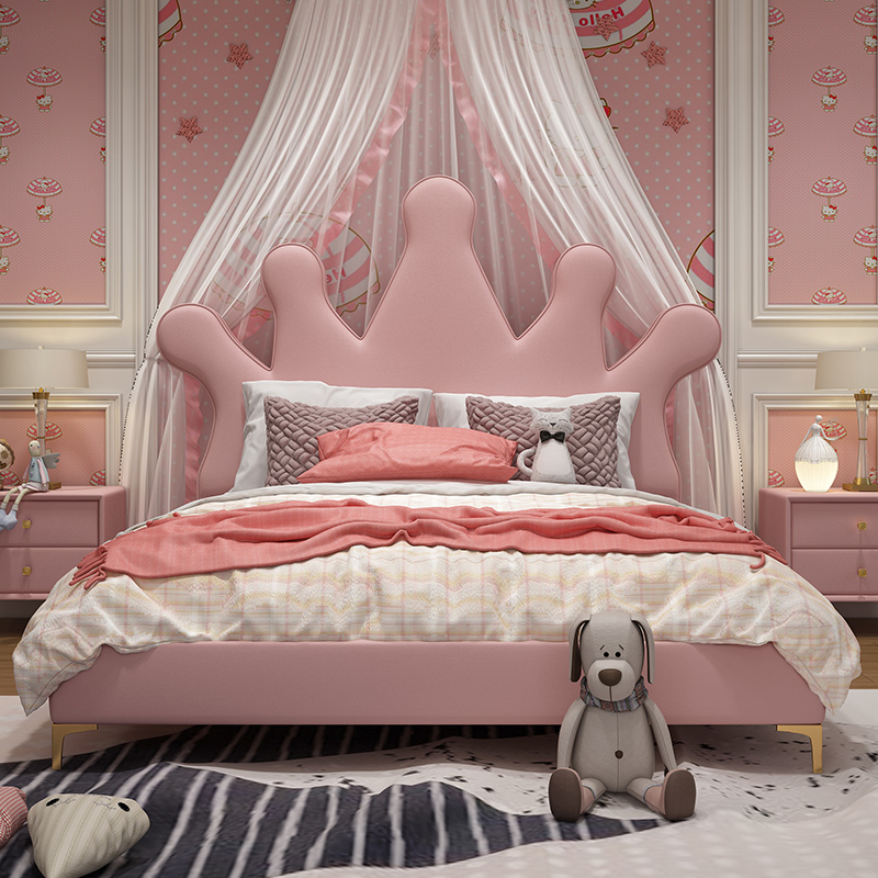 Cloth art children's bed single baby bed girl princess bed 1 5 meters child simple bedroom solid wood bed pink