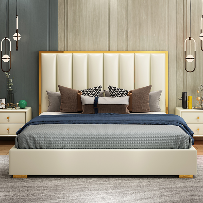 Hong Kong-style light luxury bed ins net red bed industrial style American modern minimalist leather bed 1 8m double bed master bedroom wedding bed