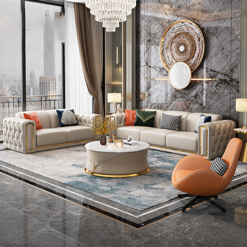 Postmodern light luxury leather art sofa combination Italian buckle leather sofa living room luxury villa small apartment furniture