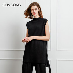Qun Gong 2021 ລະດູຫນາວໃຫມ່ Cashmere Sweater ແມ່ຍິງ Sleeveless Pullover ສີແຂງແຂນຍາວສາຍແຂນຄົນອັບເດດ: Sweater