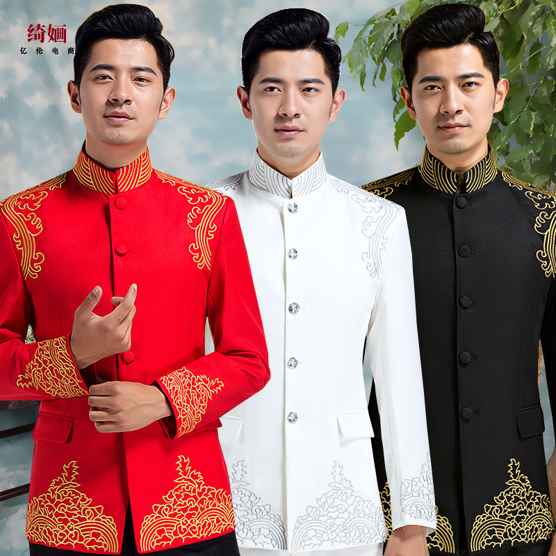 Embroidered Chinese tunic suit men's Chinese stand-up collar national style Chinese style host dress chorus performance costume