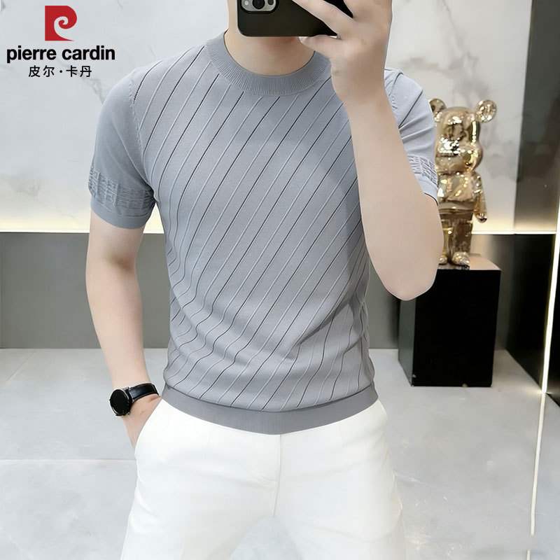 Pierre Cardin Men's Short-Sleeve Thin Knit Shirt Summer Ice Silk Slim Fit Round Neck Diagonal Stripe T-Shirt Trendy