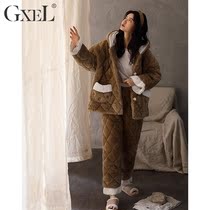 Coral Suede Pajamas Woman Autumn Winter Plus Suede Thickened Triple Clip Cotton Warm Connected Hat Fashion Winter Home Suit Women