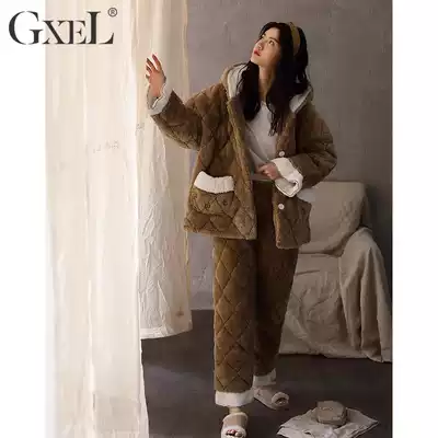 Coral velvet pajamas women autumn and winter plus velvet thickened three-layer cotton warm hooded fashion Winter Home suit women