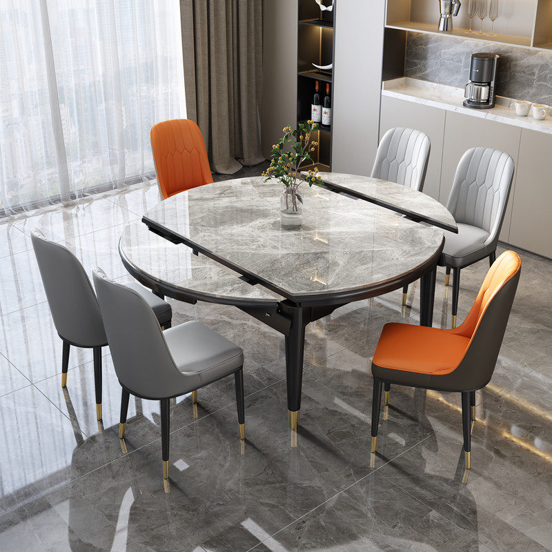 Rock plate table telescopic folding variable round table modern minimalist light extravagant household small family type induction cooker solid wood dining table 