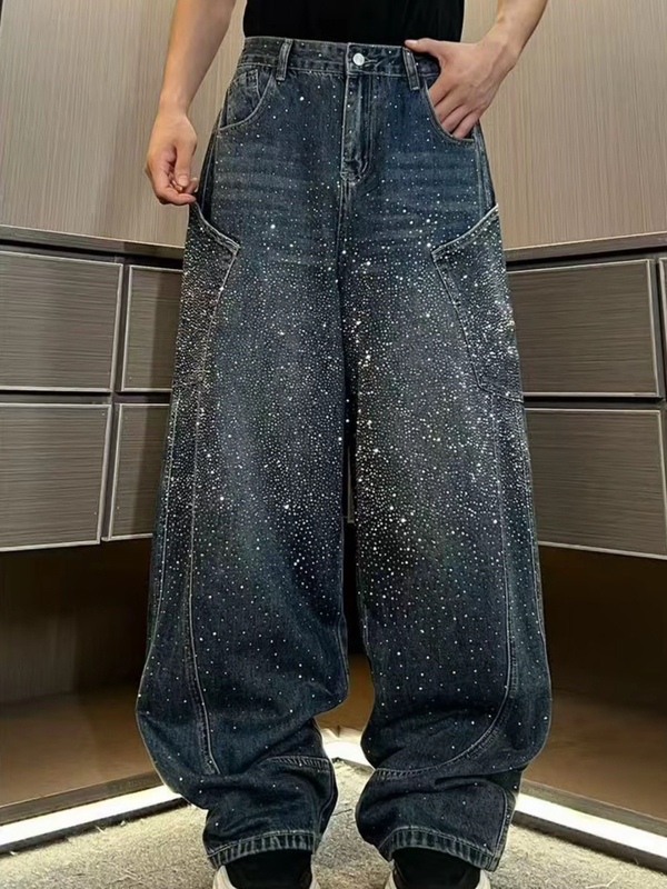 Trendy Brand Heavy-Duty Washed Gradient High-End Full Rhinestone Sparkling Three-Dimensional Curved Knife Jeans Loose Casual Light Luxury Straight-Leg Pants