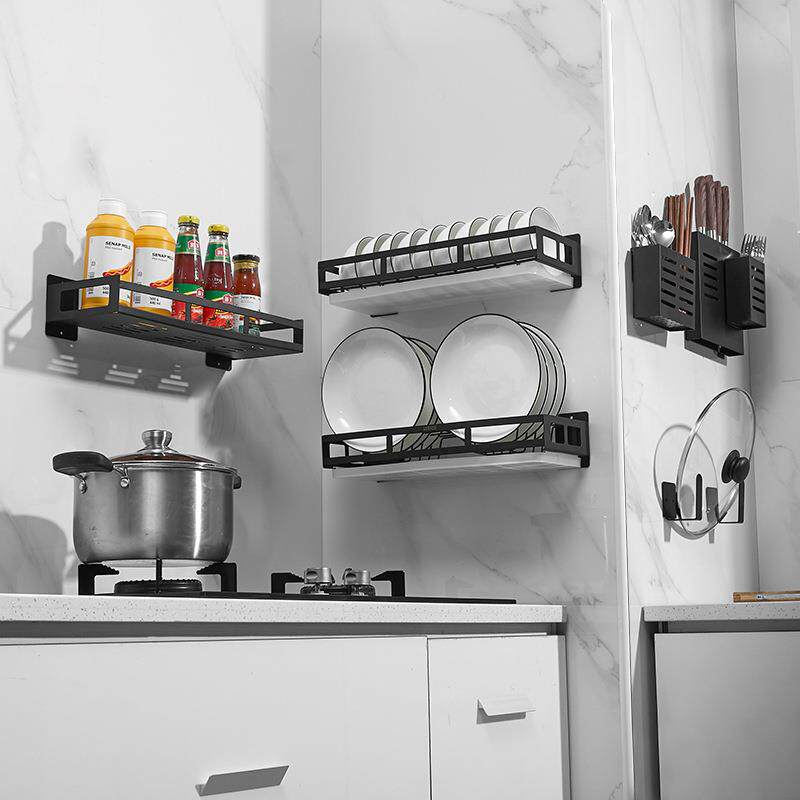 Punch-free stainless steel kitchen pendant set black wall-mounted rack kitchen utensils bowls and chopsticks storage rack storage rack