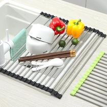 Stainless Steel Drainage Rack Kitchen Curtain Sink Drainage Bowl Rack Foldable Vegetable Fruit Control Water Storage Rack Water Strainer Rack