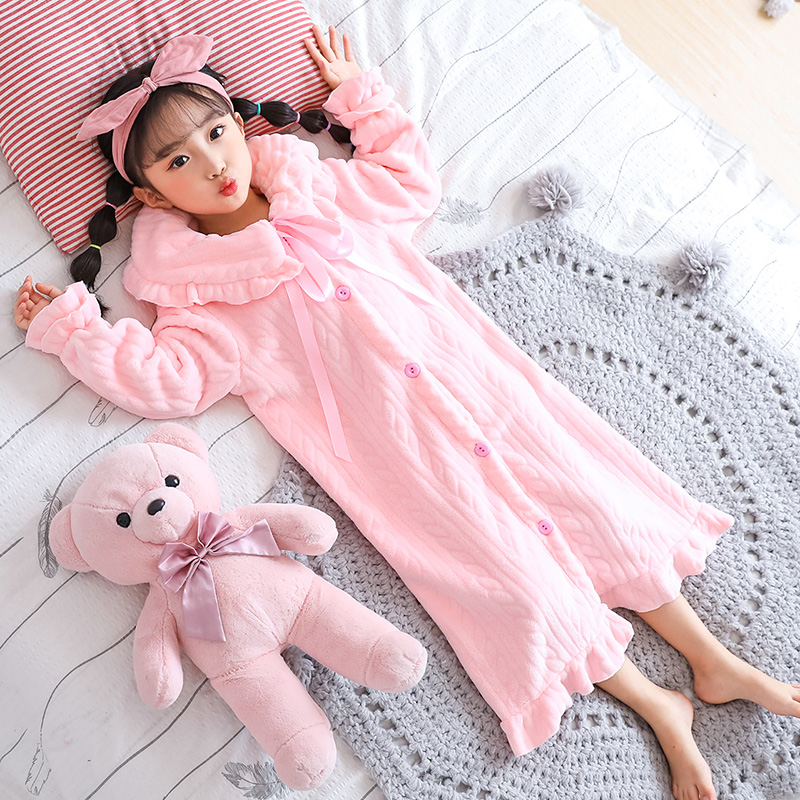 Children's nightdress coral velvet autumn and winter Princess little girl baby home clothes robe flannel pajamas spring and autumn bathrobe