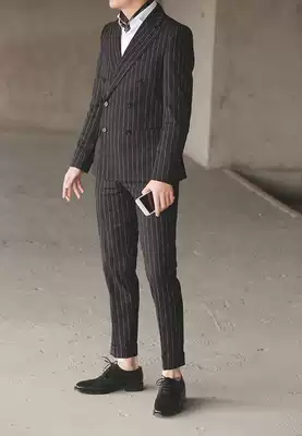 Spring and summer new European and American men's slim black striped suit British thin double breasted suit suit