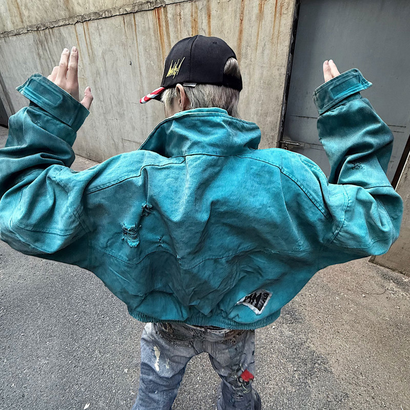 [Same Style as Luo Yizhou] Rolling Money'Unrestrained' Tiffany Blue Distressed Patchwork Dirty-Dyed Jacket
