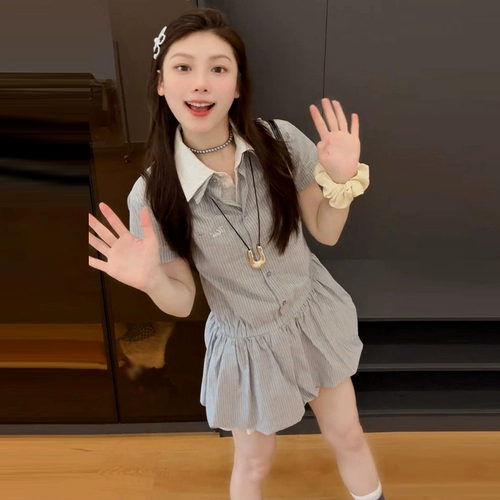 Летняя рубашка, корсет, мини-юбка, французский стиль, воротник поло, подходит для подростков