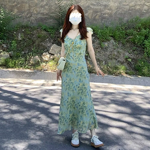 Зеленый летний гаечный ключ, длинная юбка, французский стиль, цветочный принт, в цветочек, подходит для подростков