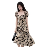 Летнее черное платье, длинная юбка, коллекция 2023, премиум класс, французский стиль, в цветочек