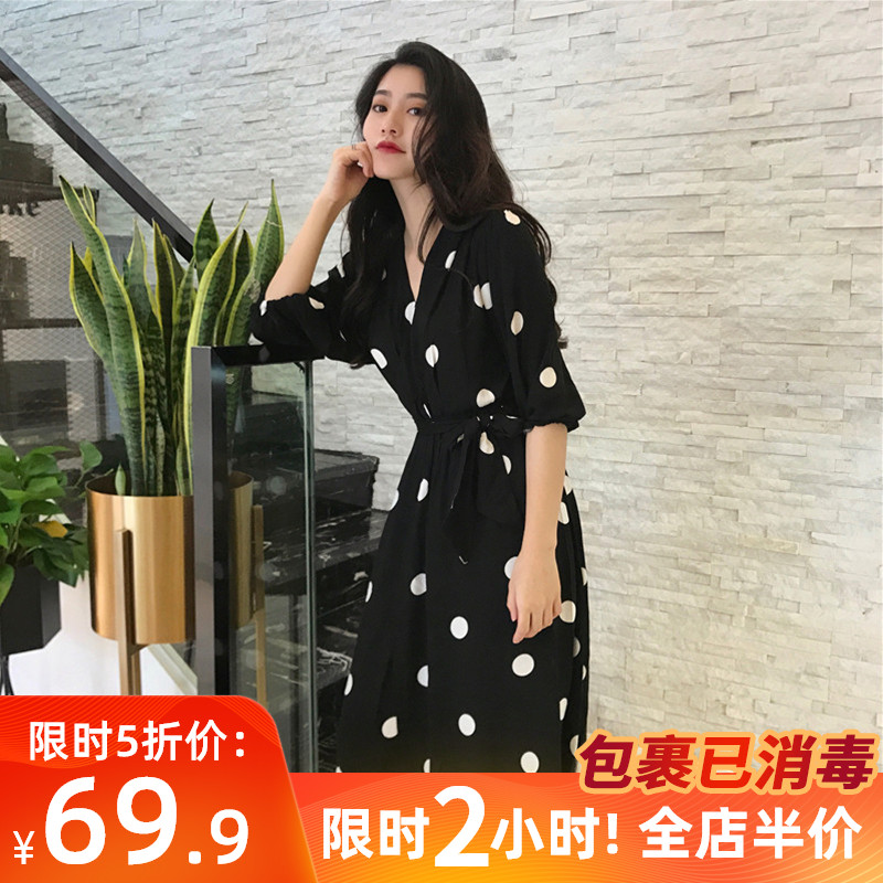 2022 Pop new women's clothing Spring Conspiculess Shade of the Aging Foreign Pie Fat Mm Summer Dress Wave dot Ocean Costume Tide