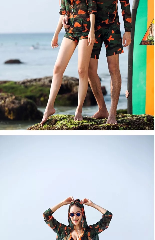Ngụy trang áo tắm nữ ba mảnh boxer bikini bãi biển nam và nữ mẫu đôi áo chống nắng mùa xuân bơi lội đồ đôi nam nữ đi biển