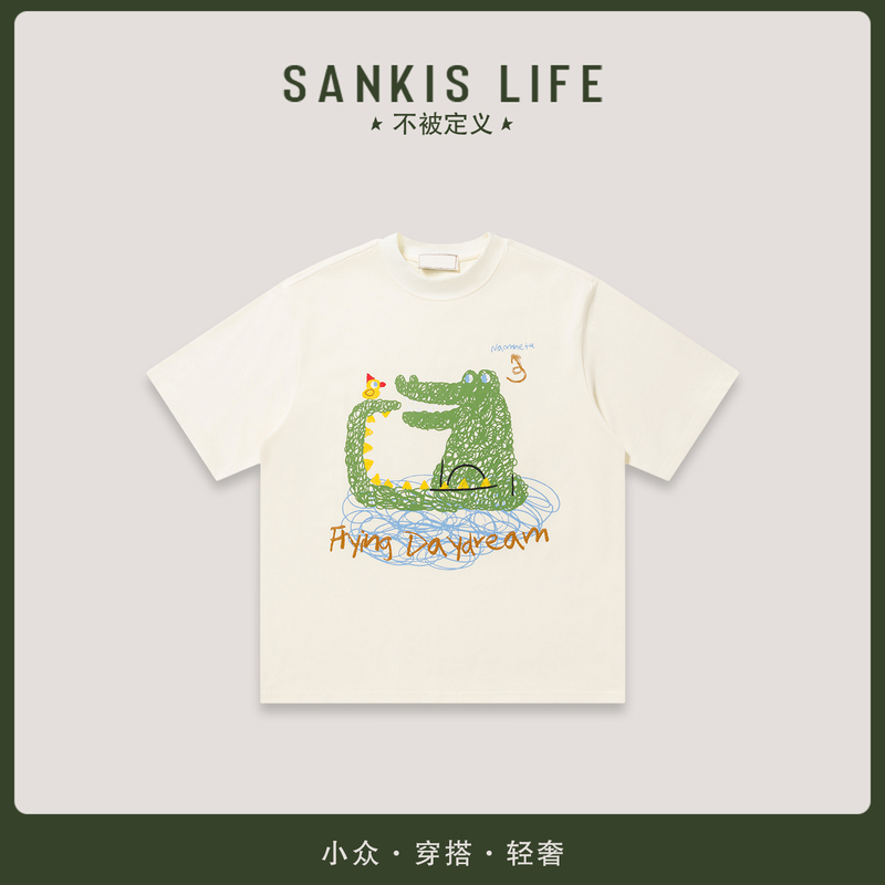 Crocodile's Daydream Sankis Life Japanese-Style Fun Thread-Pattern Crocodile Crew Neck Short-Sleeve T-Shirt for Men and Women, Summer