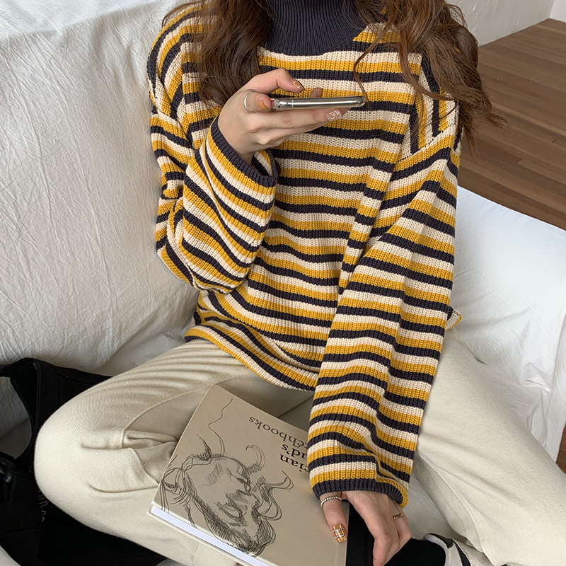 Continue to do not out of stock Korean style striped half high collar loose Pullover lazy style versatile Long Sleeve Sweater Girl