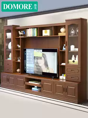 Chinese style simple living room solid wood large TV wall cabinet background wall cabinet 2 8 meters film and television cabinet combination storage cabinet