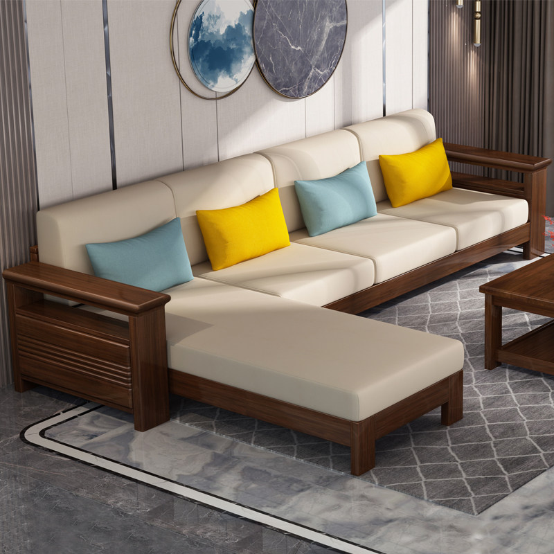 Modern Chinese solid wood sofa winter and summer dual-use living room furniture 1 2 3 sofa tea table TV cabinet Composition suit