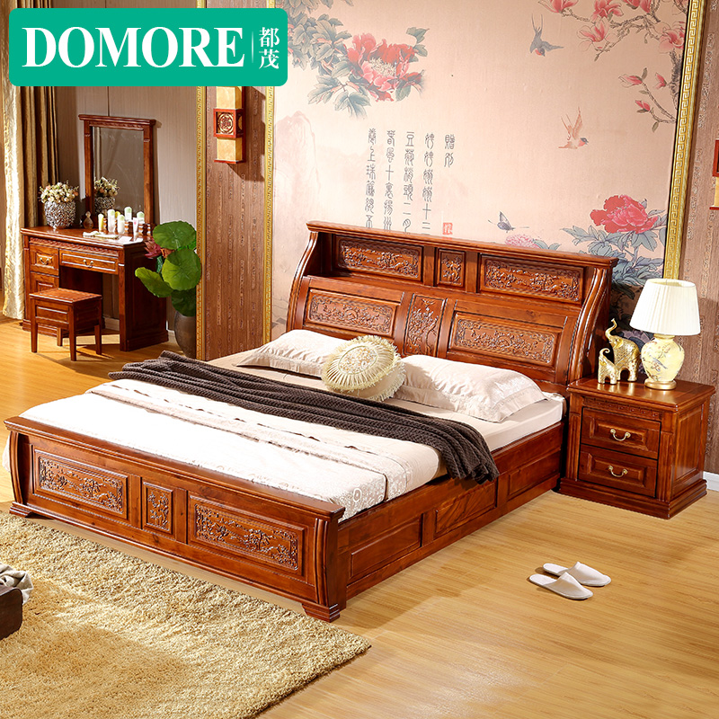 Camphor wood bed Ming and Qing antique carved solid wood bed High box storage 1 51 8 meters double bed High-grade camphor wood bed