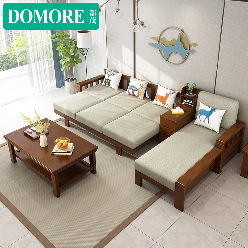 Modern Chinese style minimalist solid wood corner cloth Sofa Combination Size family Living room Home Furniture Oak Sofa