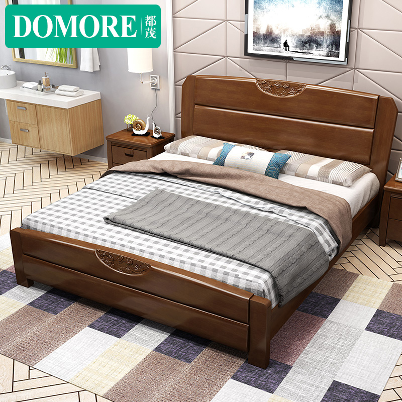 Solid wood carved bed Chinese modern minimalist double bed 1 8 m 1 5m master bedroom furniture air pressure high box storage bed