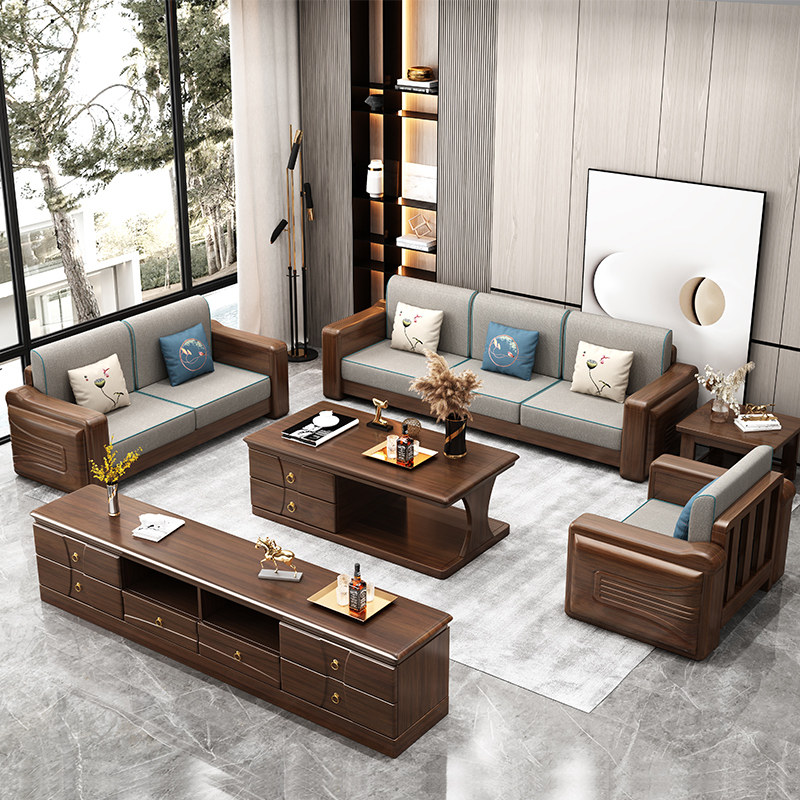 Modern Chinese solid wood walnut wood 1 2 3 sofa combined tea table TV cabinet suit Living room Large terrace number of furniture