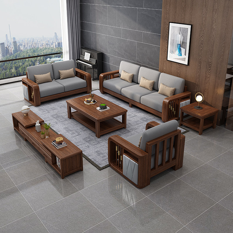 Modern Chinese solid wood walnut wood sofa 1 2 3 tea table TV cabinet Composition High case storage large living room furniture