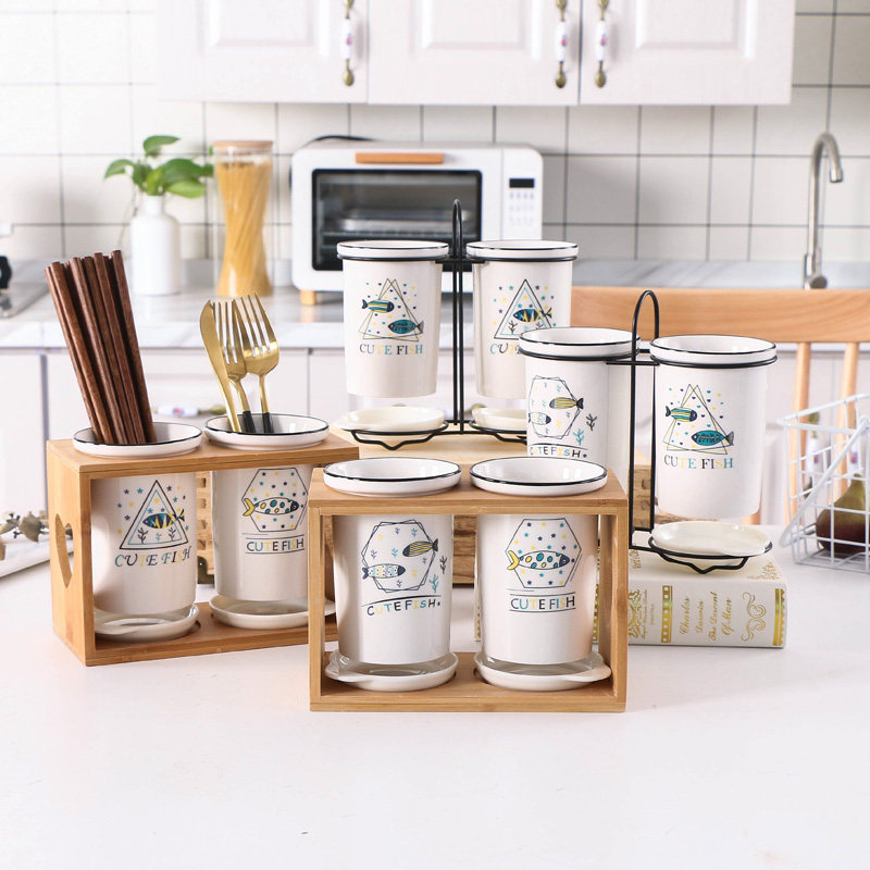 Creative Ceramic Home Leash Wood Frame Iron Frame Chopsticks Bucket Chopstick Cage Kitchen Shelve Quick Dragon Sub chopstick basket