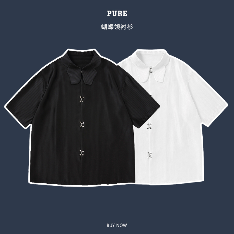 Pure 22Ss High-End Drape Butterfly Collar Shirt for Men, Short-Sleeved, Satin Design with Metal Buckle Pure 22Ss High-End Drape Butterfly Collar Shirt for Men, Short-Sleeved, Satin Design with Metal Buckle