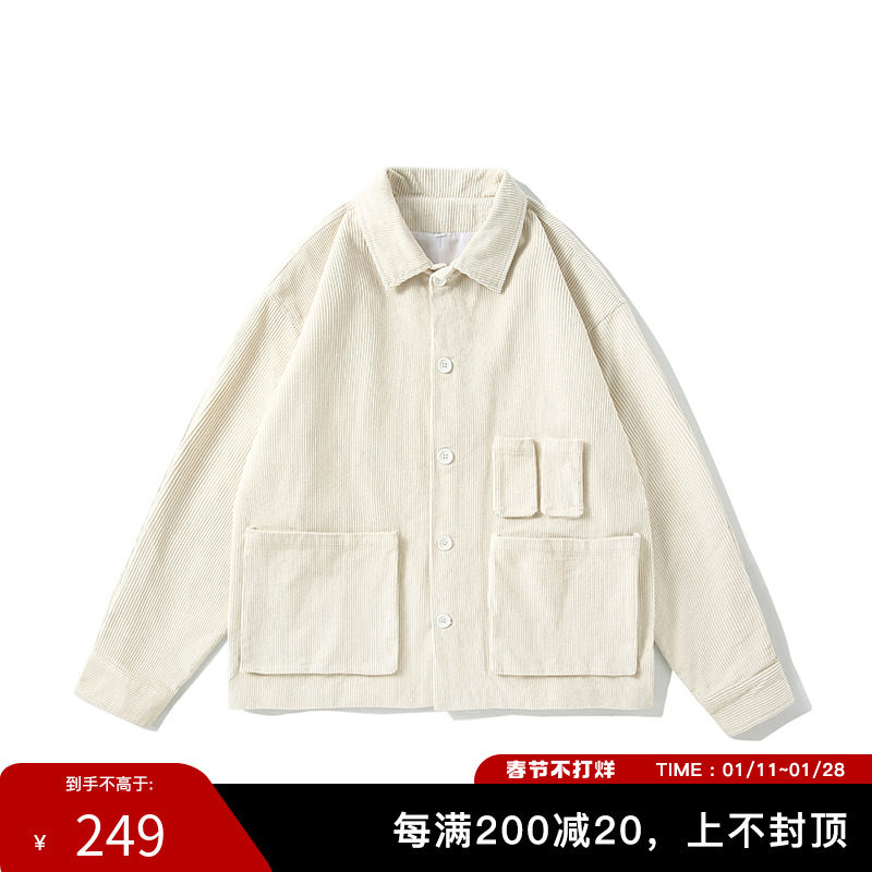 Pureピュア Japanese ins retro autumn corduroy jacket men's loose casual multi-pocket solid color jacket