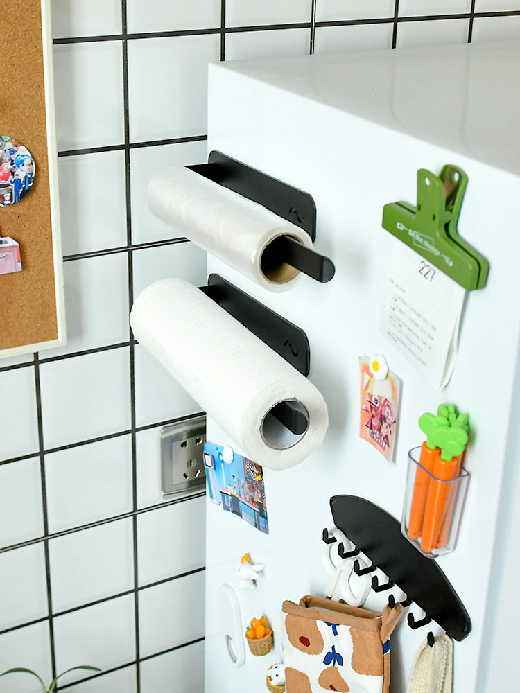 Magnetic kitchen paper towel rack Non-perforated refrigerator shelf Side storage cling film Lazy rag roll toilet paper pylons