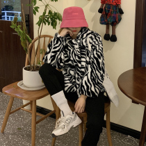 Anti-season special zebra pattern fur plush jacket female Korean winter stand collar lamb hair thick coat