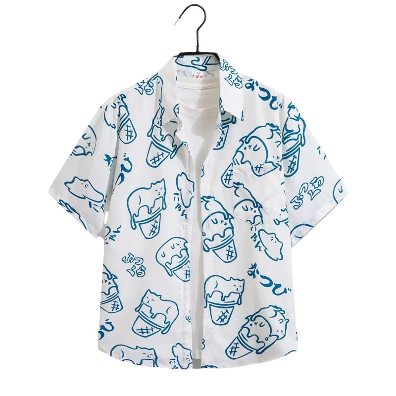 Cat Print Fun and Lazy Style Short-Sleeved Floral Shirt, Five-Quarter Sleeves, Unisex Couple Shirt, Beach Style, Summer