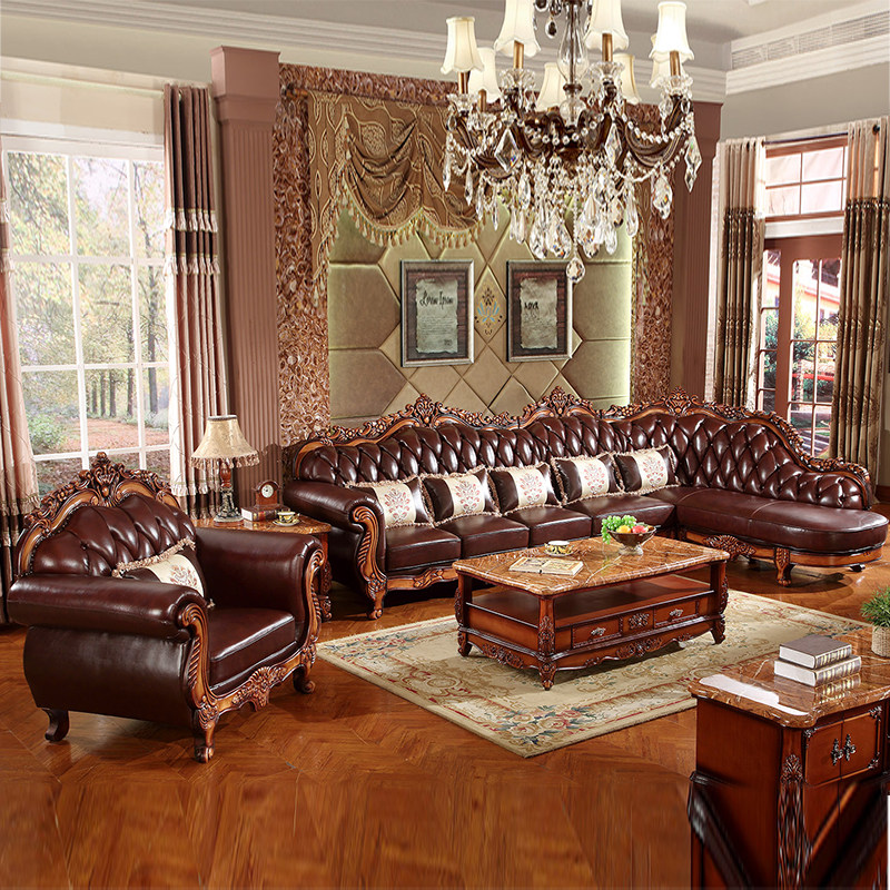 American Corner Sofa Combination Eurostyle Solid Wood Extravaganza PRINCESS REAL LEATHER SOFA L TYPE CORNER SCULPTURE FLOWER WHOLE LIVING ROOM