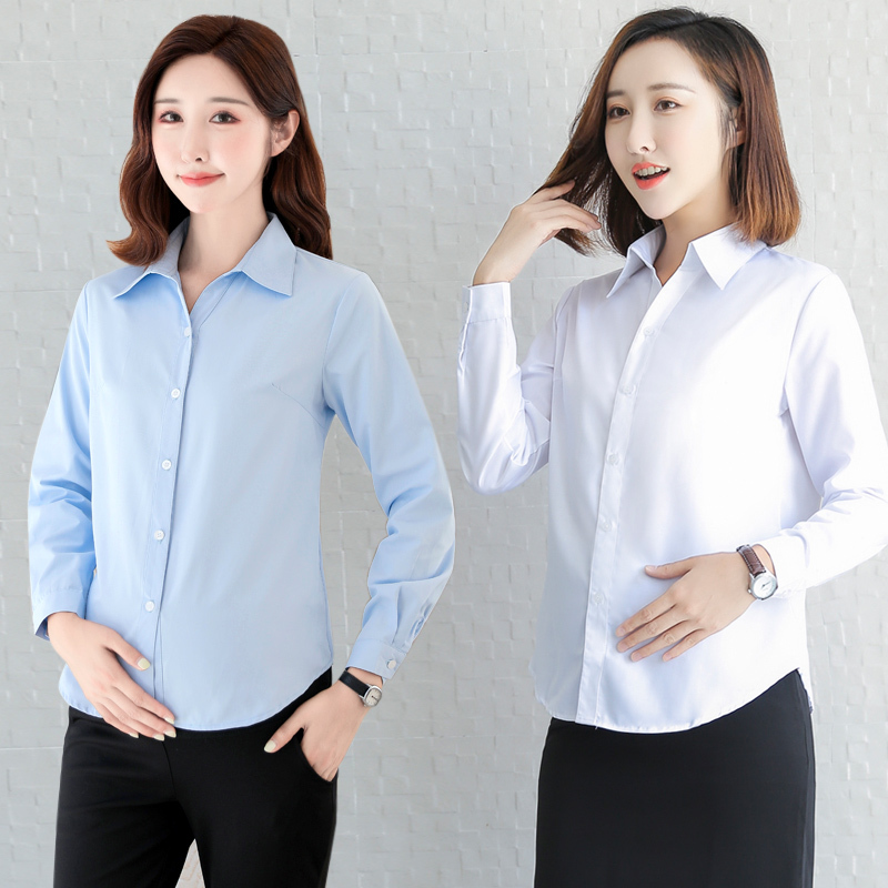 Maternity Shirt for Women, Blue, Spring and Autumn Formal Wear, Professional Workwear, Summer White Shirt, Long-Sleeved Top, Work Clothes