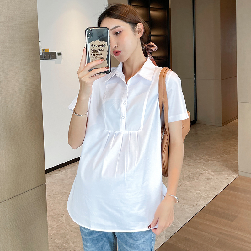 Maternity White Shirt Business Attire Loose Top Summer Mid-Length Short-Sleeved Workwear Spring and Autumn Work Shirt for Women