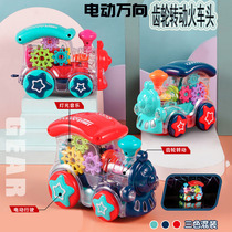 Zhuyuan male and female baby electric universal transparent gear locomotive hair lighting music children cartoon gift toy car