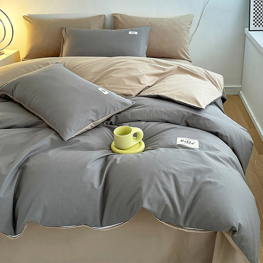 Skin-friendly cotton washed cotton four-piece set pure cotton simple bed sheet quilt cover single quilt cover three-piece bedding set 4