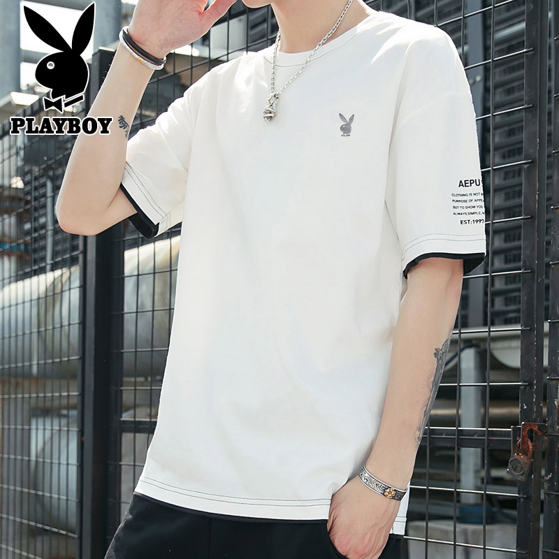 Flowers Playboy White Short Sleeve Men Summer Slim Fit Trends Pure Cotton Loose Boys Clothes Half Sleeve T-shirt Men's clothes