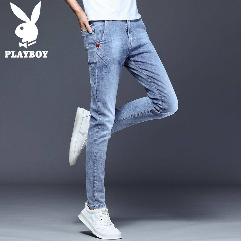 Playboy winter casual jeans men's Korean version trendy handsome new slim fit feet long pants men's pants