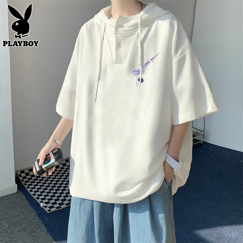 Playboy Summer Hooded Short-Sleeved T-Shirt for Men, New Design, Loose and Trendy Men's T-Shirt