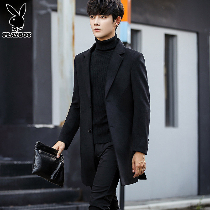 Playboy autumn new windbreaker men's mid-length version trend casual woolen coat short coat men's clothing