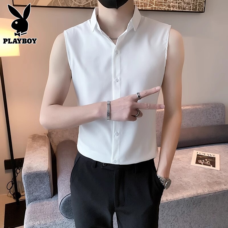 Playboy Sleeveless Shirt Men's Summer Slim Fit Vest Non-Iron Trendy Cool Casual Shirt Men's Style