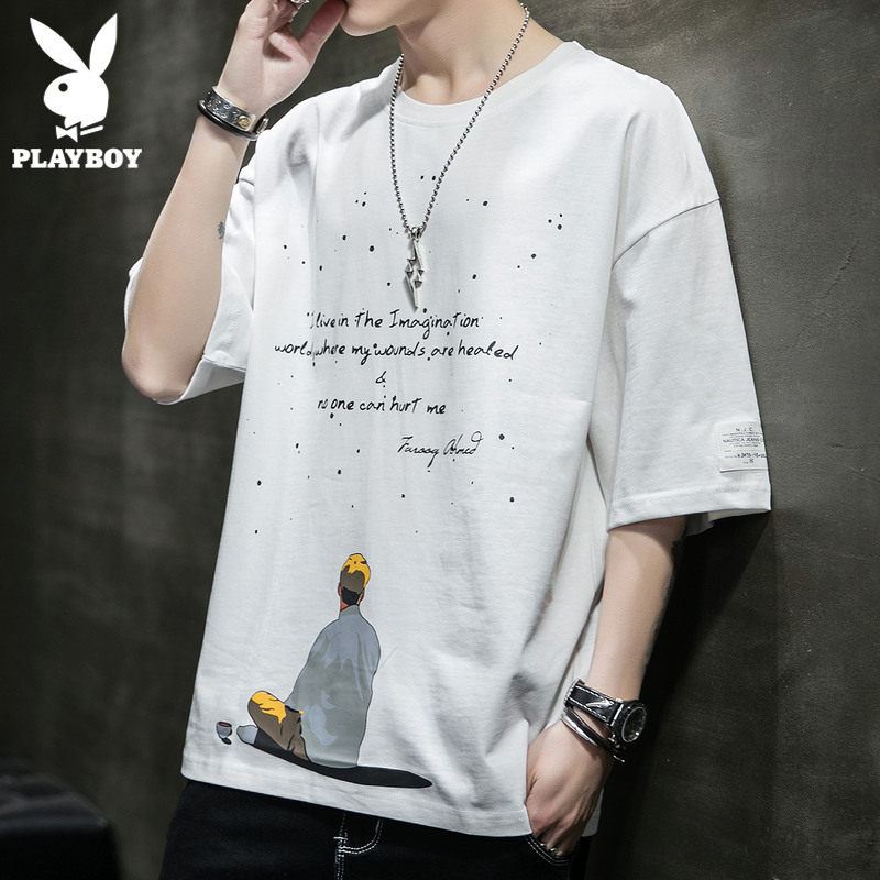 Flowers Playboy Tide Card T-shirt Men Summer White Loose Pure Cotton Half Sleeves Clothes Trendy Thin short sleeve male
