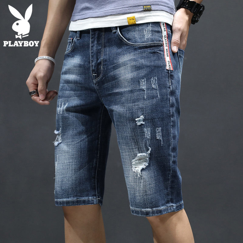 Flowers Playboy Summer thin section 50% jeans Men's trendy straight cylinder loose 70% Hole Shorts Male Pants