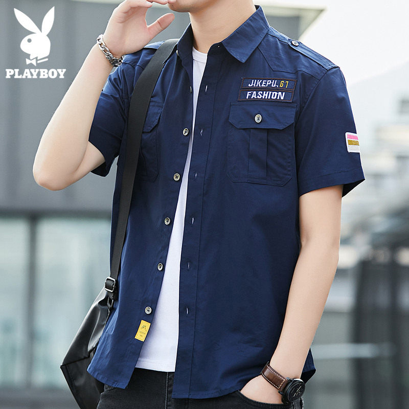 Flower Playboy short sleeve shirt for men Summer thin Korean version Trend Body Pure Cotton Handsome Casual Work Suit Shirt