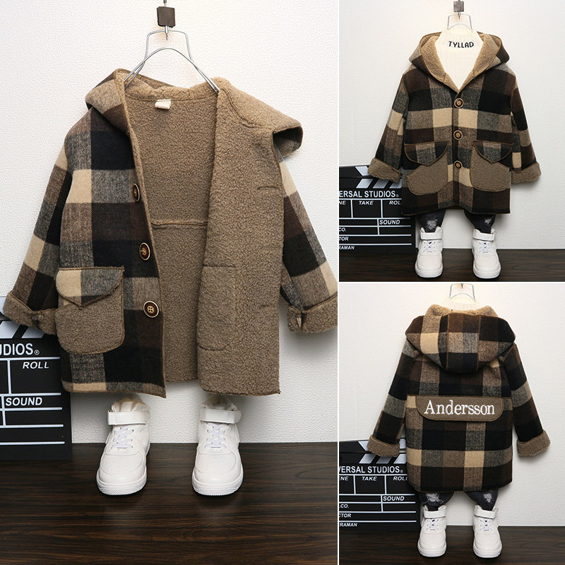 Boy coat windbreaker British 2021 new spring and autumn medium and long plaid casual large child wool coat
