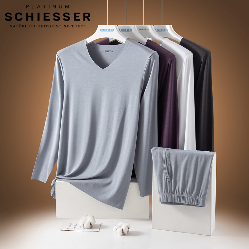 Shuya Boya Thermal Underwear for Men, Modal Seamless V-Neck Autumn Tops and Pants, Base Layer Shirt and Pants, Thin T-Shirt